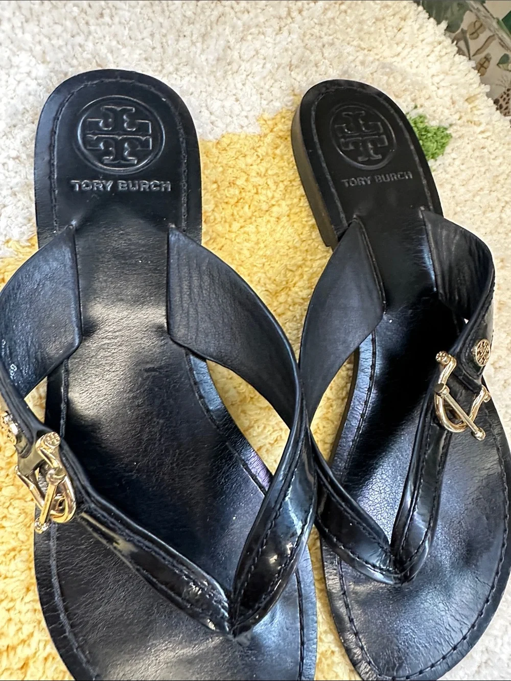 Tory Burch Black Leather Thong Sandals with Gold Logo Hardware
